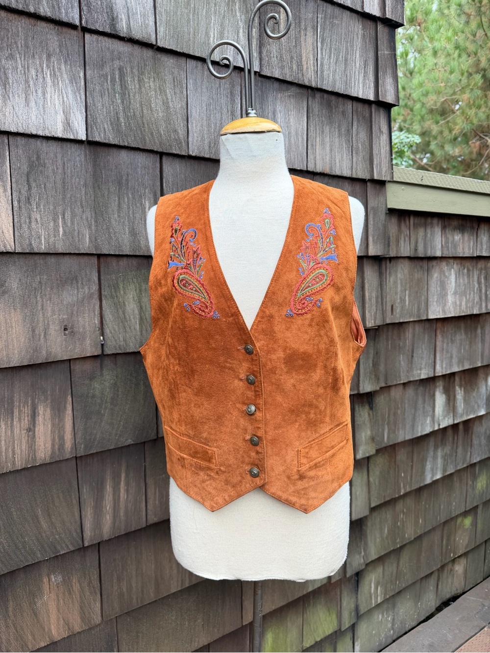 Vintage funky suede leather vest brown with embroidered Sz medium Herman Geist